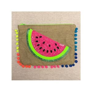 EXPRESS Linen Cotton Bright Neon Watermelon Sequined Tasseled Zip Clutch